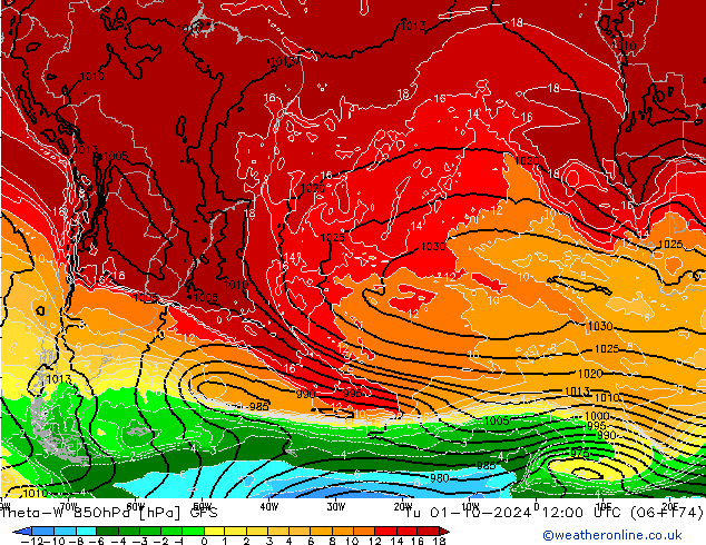 Theta-W 850hPa GFS wto. 01.10.2024 12 UTC