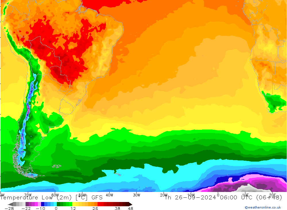 Min.temperatuur (2m) GFS do 26.09.2024 06 UTC