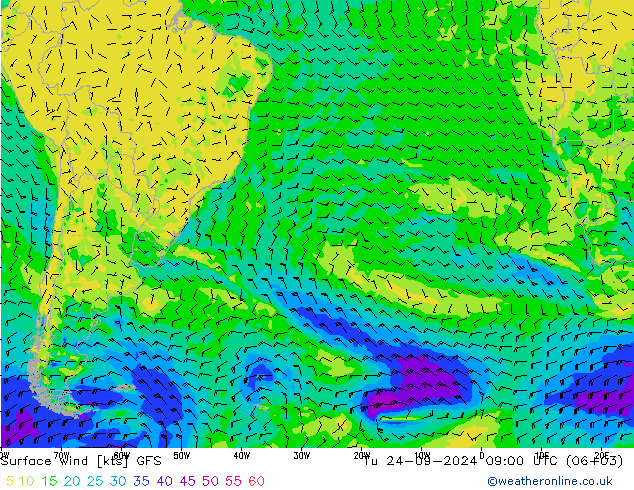 Surface wind GFS Út 24.09.2024 09 UTC