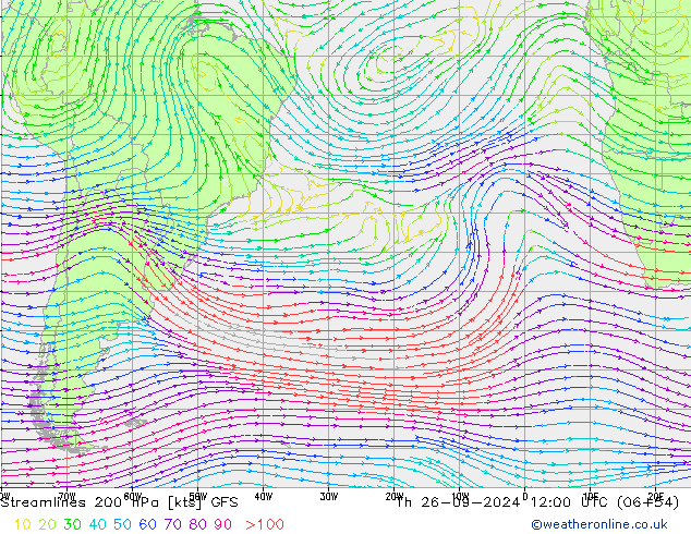 Linea di flusso 200 hPa GFS gio 26.09.2024 12 UTC