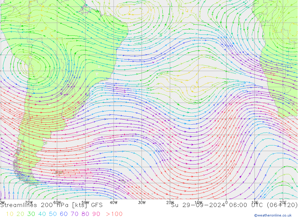 Stroomlijn 200 hPa GFS zo 29.09.2024 06 UTC