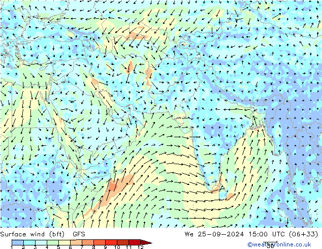 wiatr 10 m (bft) GFS śro. 25.09.2024 15 UTC