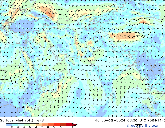 Surface wind (bft) GFS Mo 30.09.2024 06 UTC