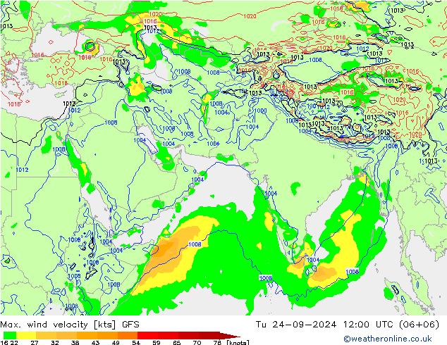 Max. wind snelheid GFS di 24.09.2024 12 UTC