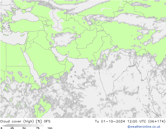 zachmurzenie (wysokie) GFS wto. 01.10.2024 12 UTC