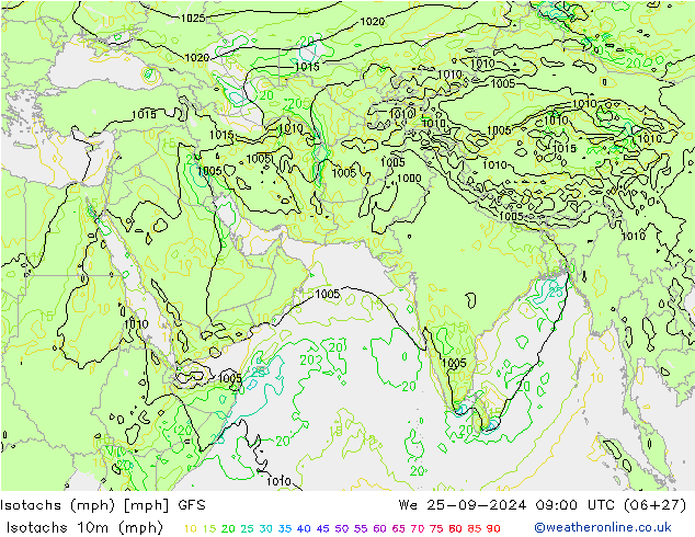 Isotachs (mph) GFS mer 25.09.2024 09 UTC