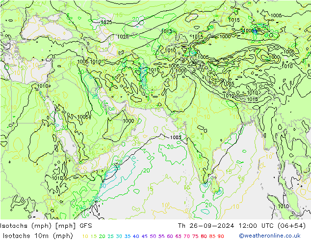 Izotacha (mph) GFS czw. 26.09.2024 12 UTC