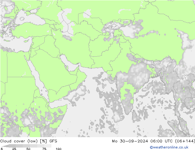 Cloud cover (low) GFS Mo 30.09.2024 06 UTC