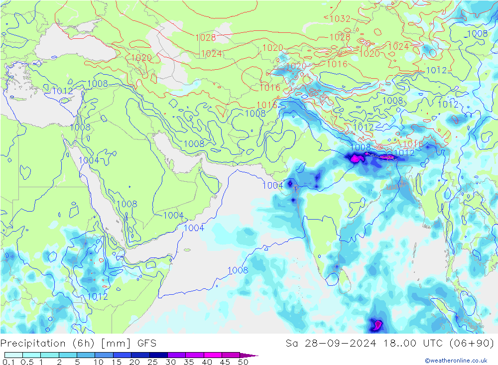 Precipitazione (6h) GFS sab 28.09.2024 00 UTC