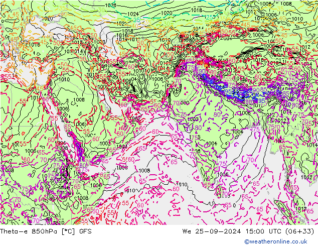 Theta-e 850hPa GFS śro. 25.09.2024 15 UTC