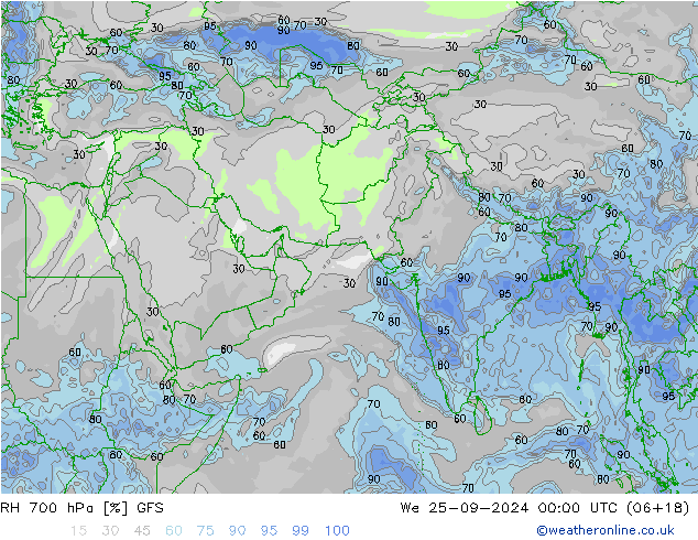 RH 700 hPa GFS śro. 25.09.2024 00 UTC