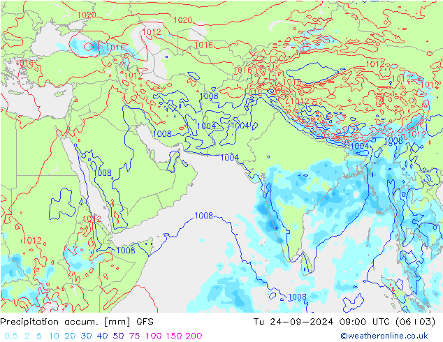 Precipitation accum. GFS Út 24.09.2024 09 UTC