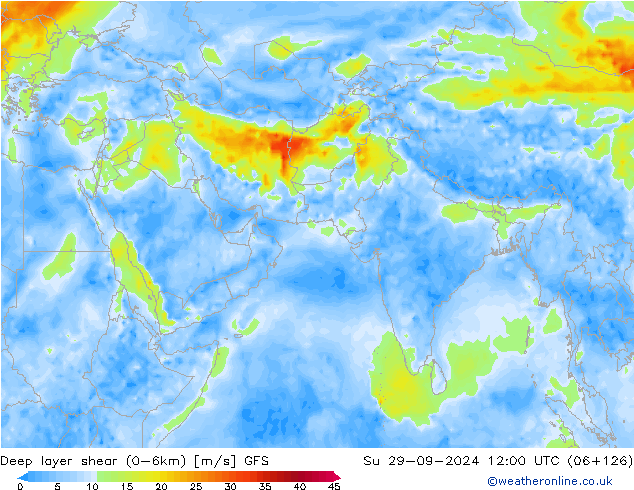 Deep layer shear (0-6km) GFS Su 29.09.2024 12 UTC