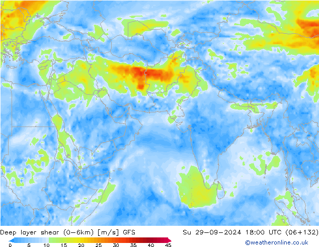 Deep layer shear (0-6km) GFS So 29.09.2024 18 UTC