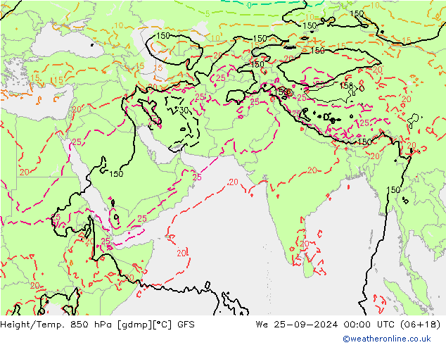 Height/Temp. 850 hPa GFS Qua 25.09.2024 00 UTC