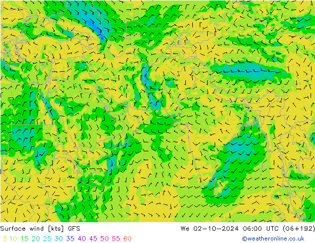 Vento 10 m GFS mer 02.10.2024 06 UTC