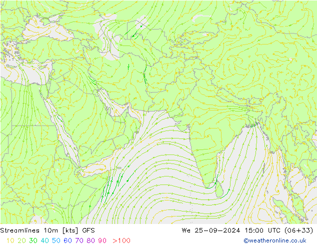 Linea di flusso 10m GFS mer 25.09.2024 15 UTC