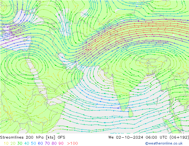 Stroomlijn 200 hPa GFS wo 02.10.2024 06 UTC