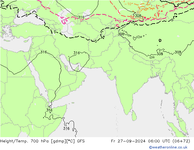 Height/Temp. 700 hPa GFS Pá 27.09.2024 06 UTC