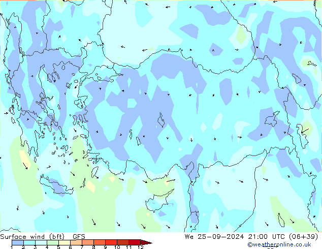 Wind 10 m (bft) GFS wo 25.09.2024 21 UTC