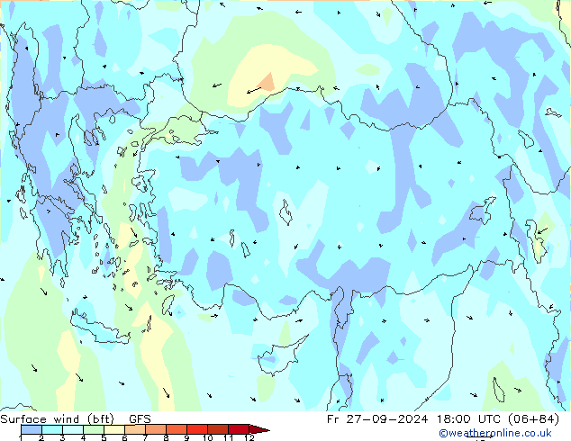 wiatr 10 m (bft) GFS pt. 27.09.2024 18 UTC