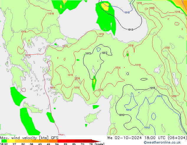 Max. wind velocity GFS We 02.10.2024 18 UTC