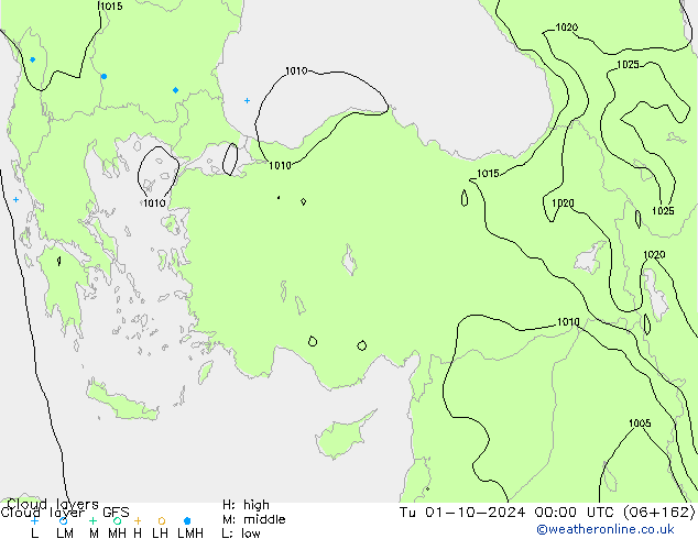 Cloud layer GFS Tu 01.10.2024 00 UTC