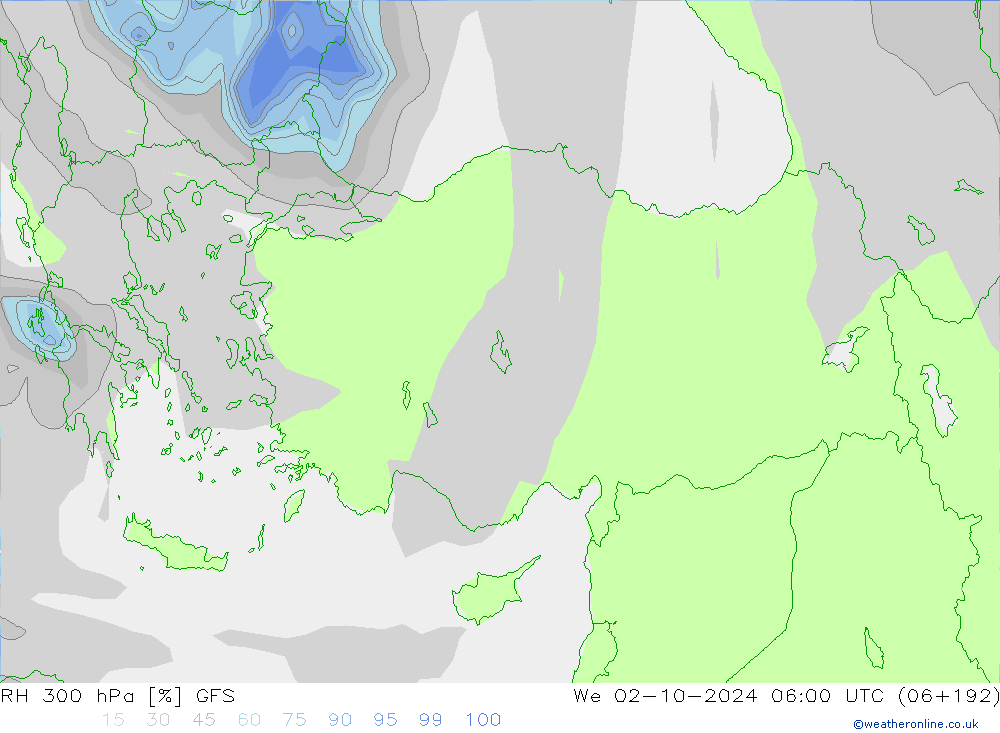 Humidité rel. 300 hPa GFS octobre 2024