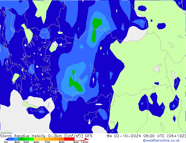 Storm Relative Helicity GFS mer 02.10.2024 06 UTC