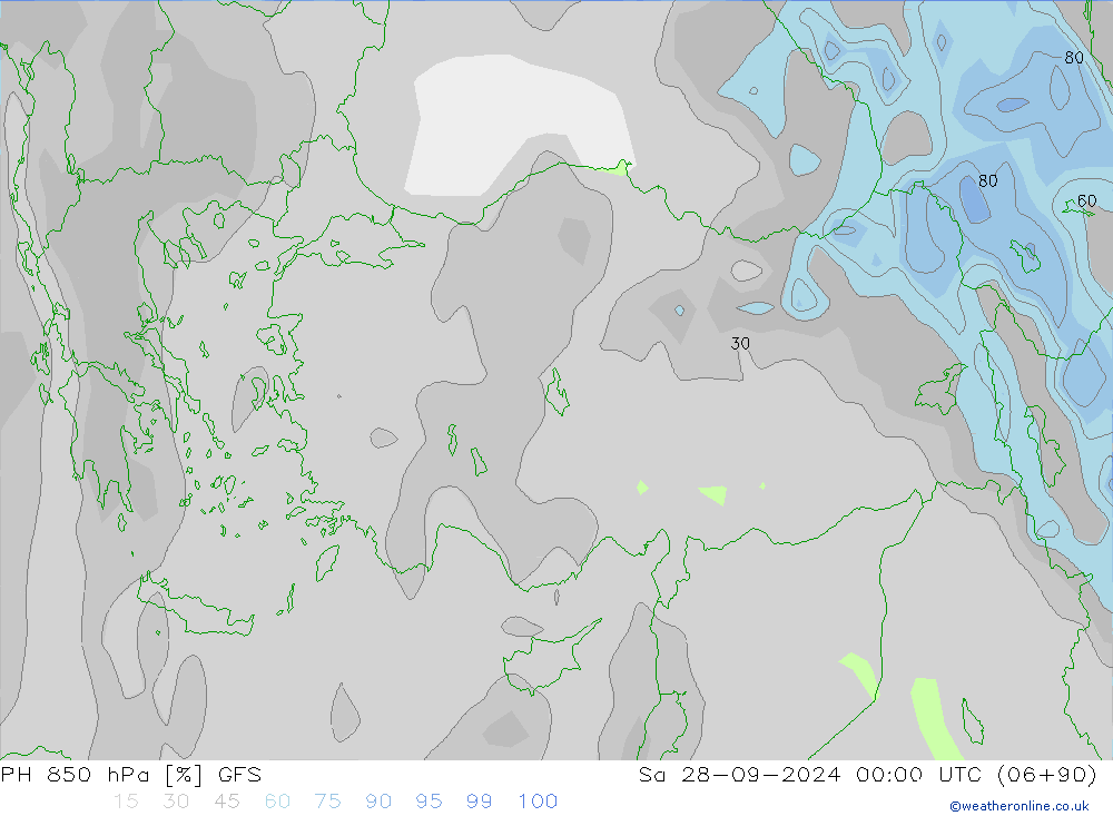 RH 850 hPa GFS Sáb 28.09.2024 00 UTC