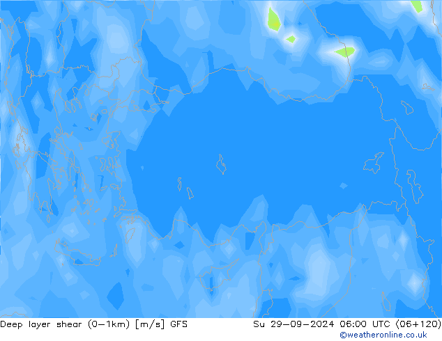 Deep layer shear (0-1km) GFS zo 29.09.2024 06 UTC