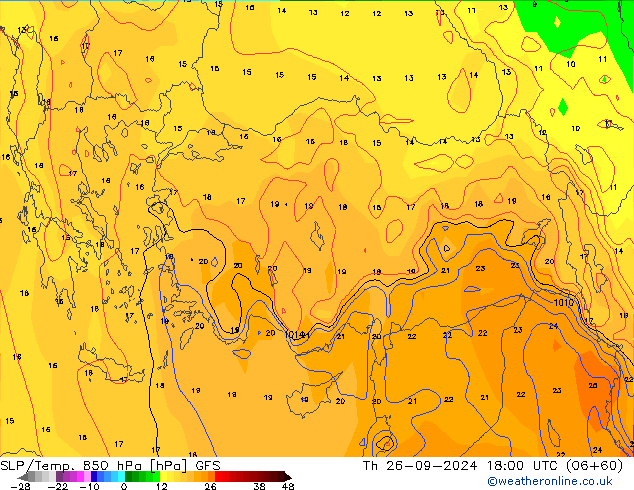 SLP/Temp. 850 hPa GFS czw. 26.09.2024 18 UTC