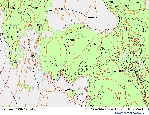 Theta-e 700hPa GFS Sa 28.09.2024 18 UTC