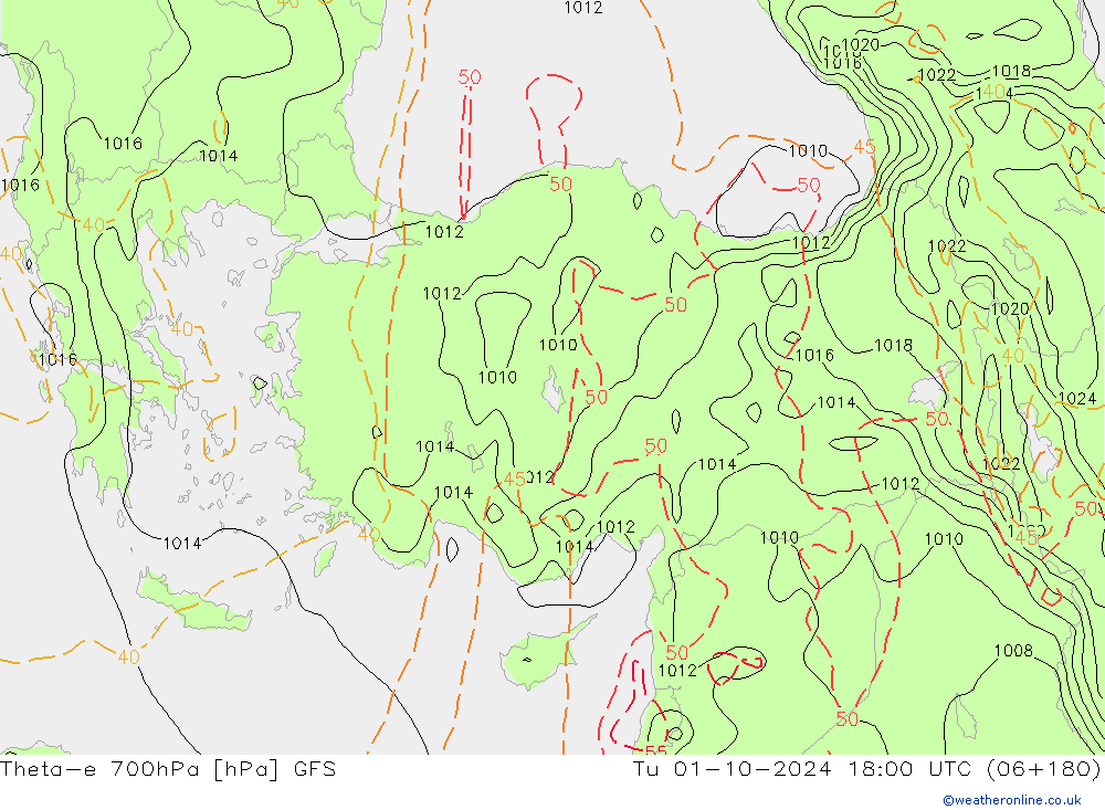 Theta-e 700hPa GFS di 01.10.2024 18 UTC