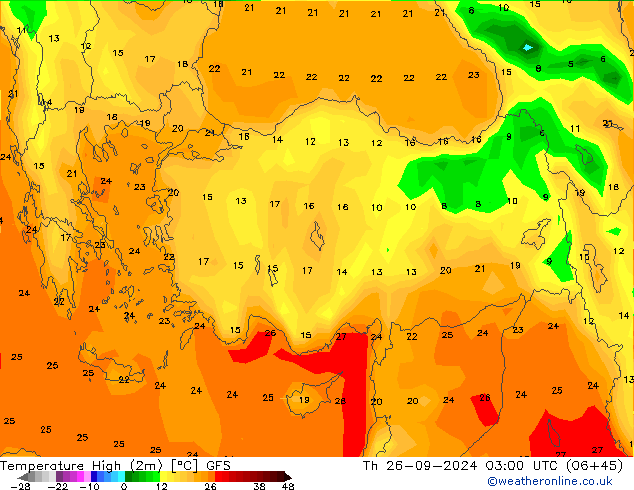 Temperature High (2m) GFS Th 26.09.2024 03 UTC