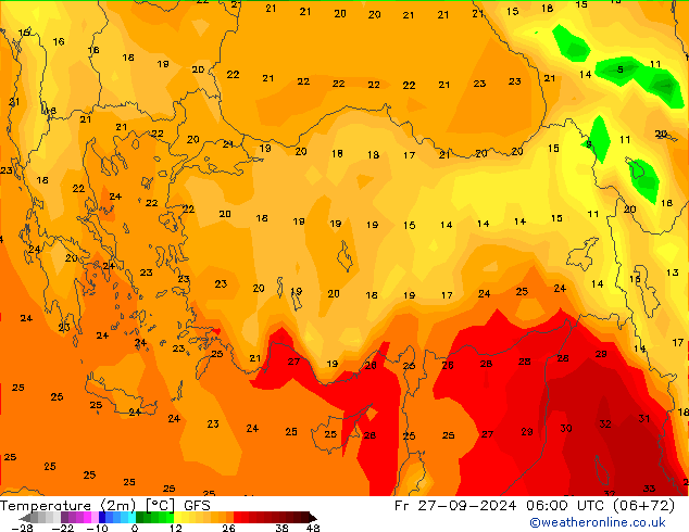 Temperatuurkaart (2m) GFS vr 27.09.2024 06 UTC