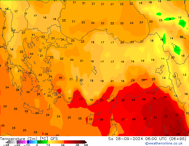 Temperature (2m) GFS Sa 28.09.2024 06 UTC