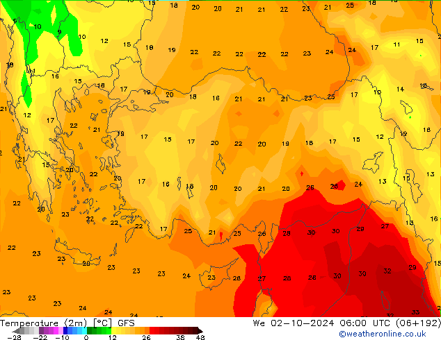 Temperatura (2m) GFS mer 02.10.2024 06 UTC