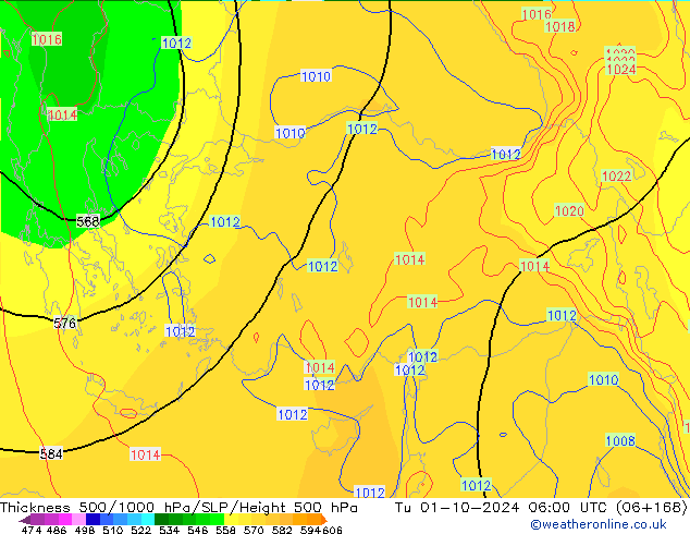 Thck 500-1000hPa GFS wto. 01.10.2024 06 UTC