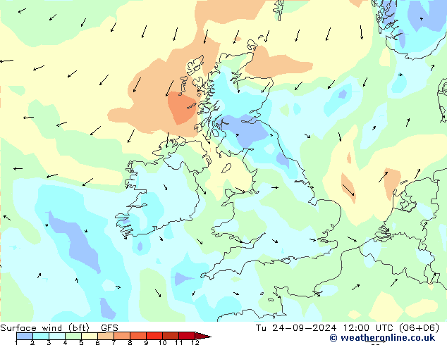  10 m (bft) GFS  24.09.2024 12 UTC