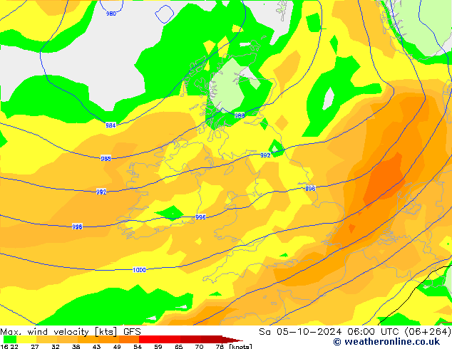 Max. wind velocity GFS sam 05.10.2024 06 UTC