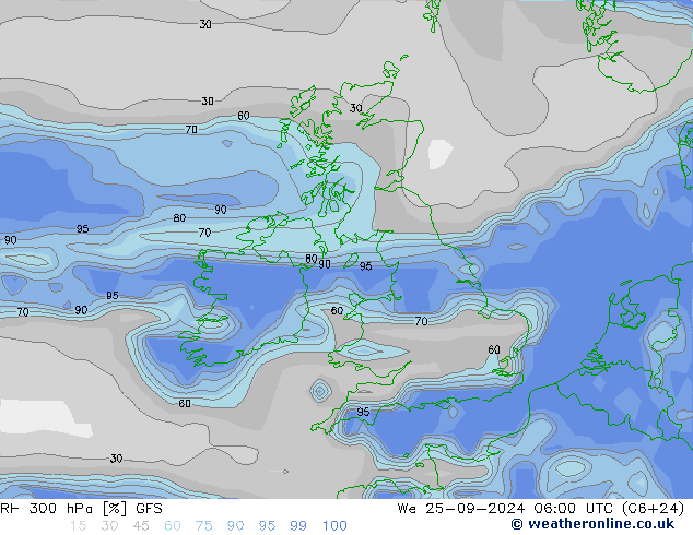 RH 300 hPa GFS śro. 25.09.2024 06 UTC