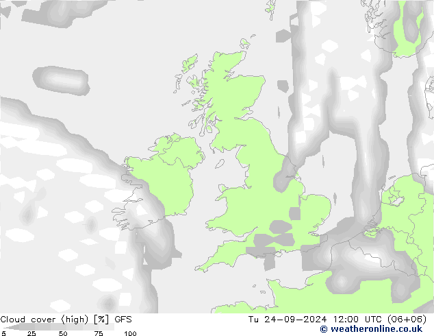 Cloud cover (high) GFS Tu 24.09.2024 12 UTC