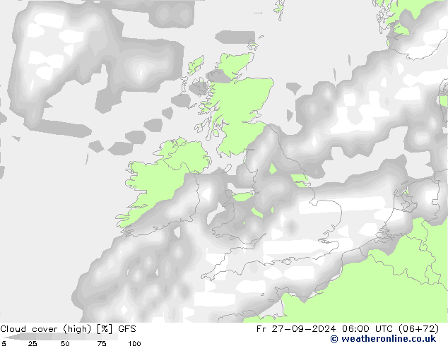 Cloud cover (high) GFS Fr 27.09.2024 06 UTC