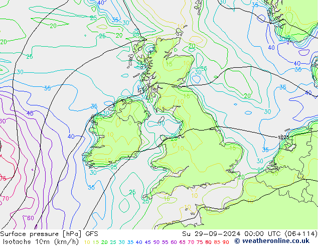 Isotachs (kph) GFS Su 29.09.2024 00 UTC