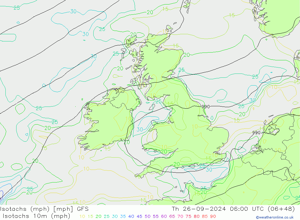 Isotaca (mph) GFS jue 26.09.2024 06 UTC