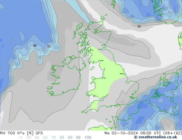 RH 700 hPa GFS We 02.10.2024 06 UTC