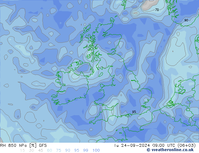 RH 850 hPa GFS Tu 24.09.2024 09 UTC