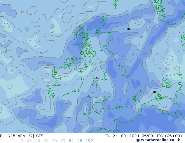 Humidité rel. 925 hPa GFS mar 24.09.2024 06 UTC