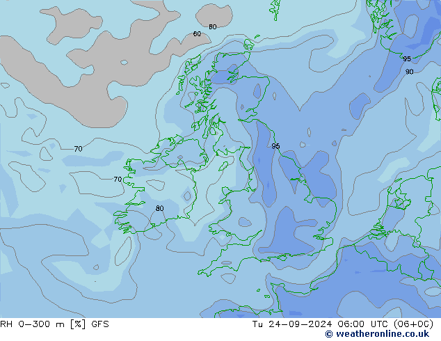 RH 0-300 m GFS Út 24.09.2024 06 UTC